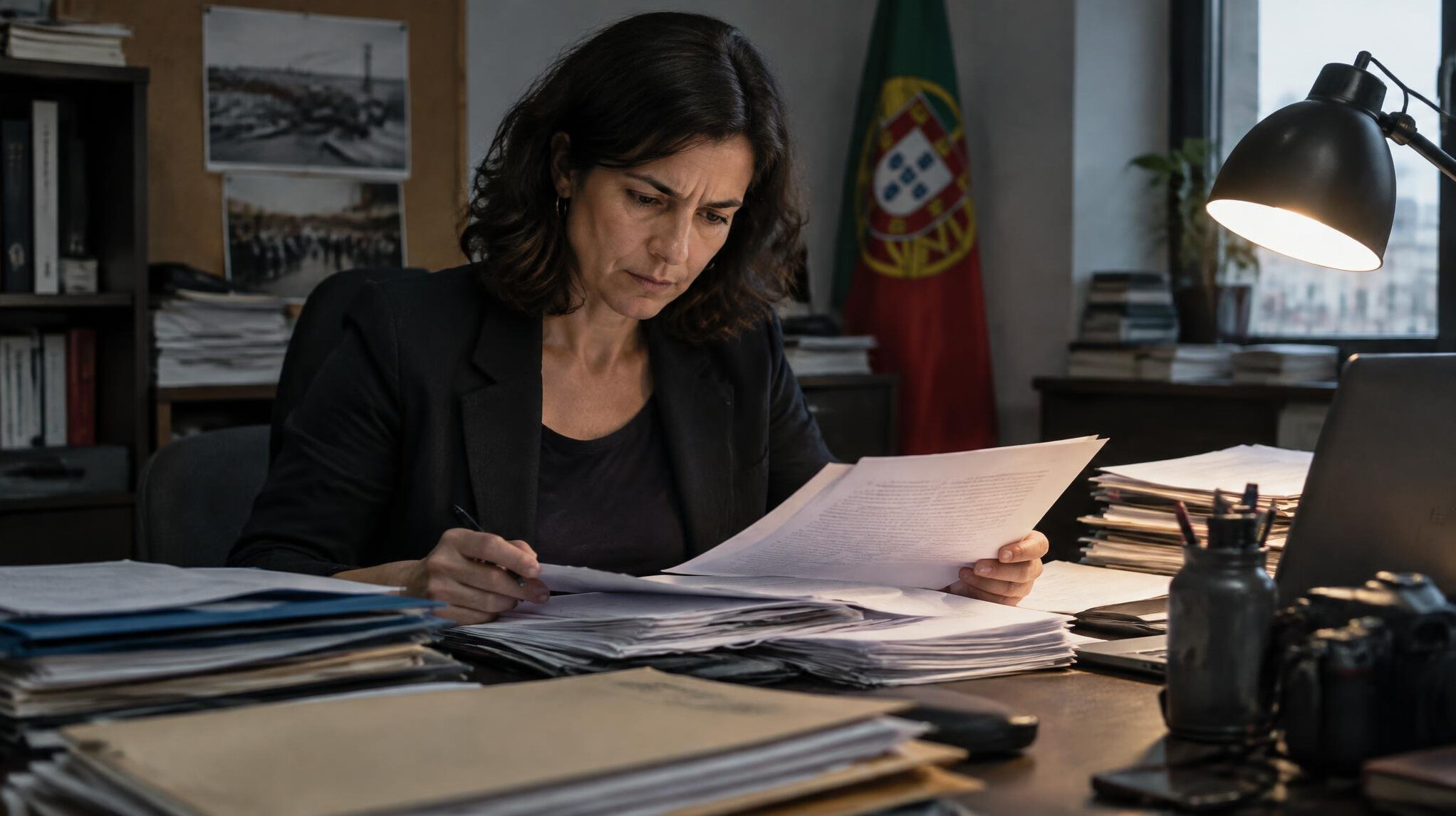 Journalist reviewing documents and files at a desk